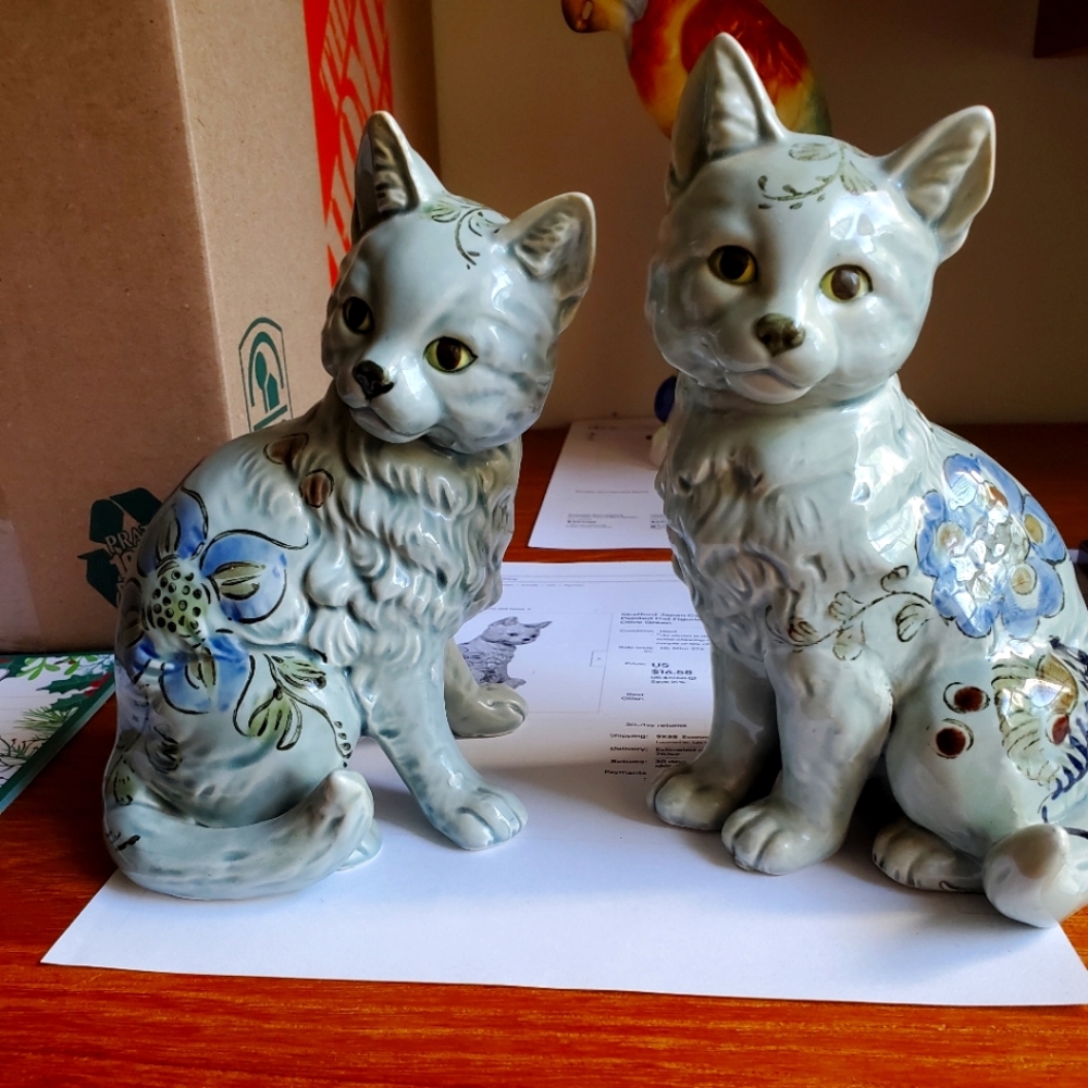 Shafford Pale Blue Green Ceramic Japan Floral Cat Figurines Set of 2